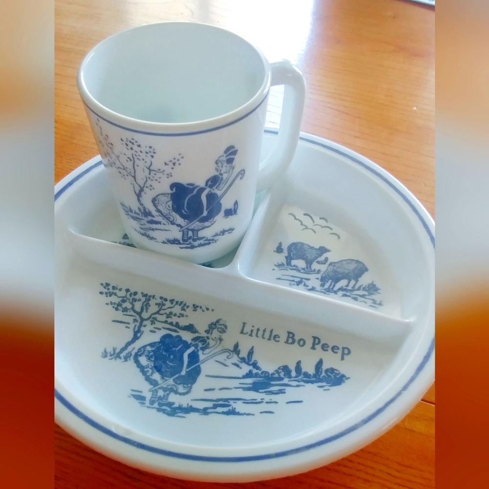 Vintage Little Bo Peep BLUE Divided Child Plate and Cup Set 1950s Vitrock
